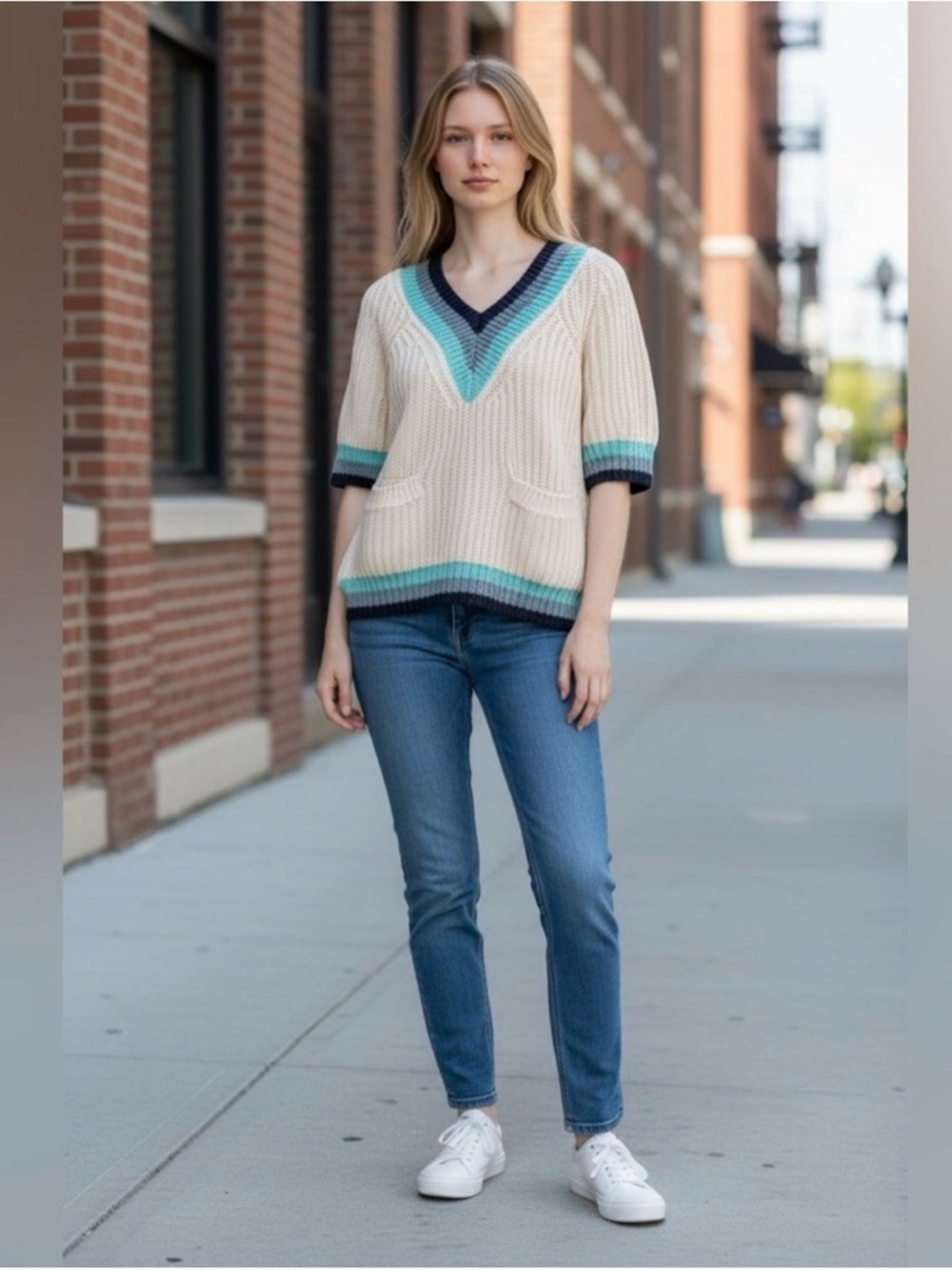 MaxMara Cream V-Neck Sweater with Teal and Navy Trim